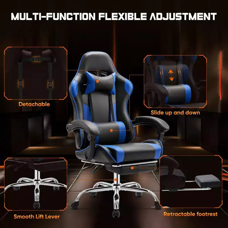 MAYEERTY Chaise de gaming Chaise de bureau ergonomique avec repose-pieds Soutien lombaire confortable en cuir PU Inclinable avec appuie-tête Accoudoir fixe