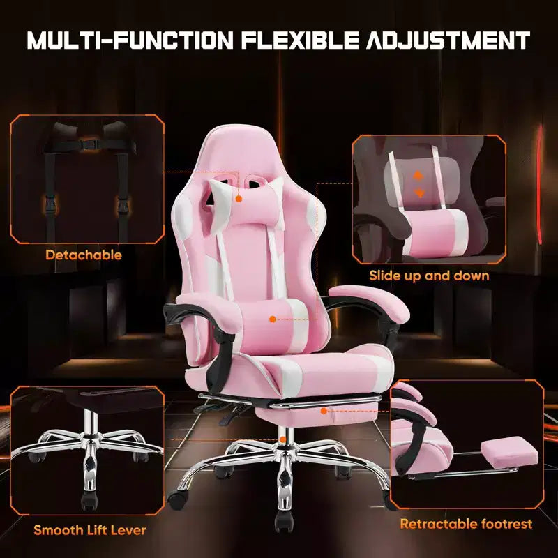 MAYEERTY Chaise de gaming Chaise de bureau ergonomique avec repose-pieds Soutien lombaire confortable en cuir PU Inclinable avec appuie-tête Accoudoir fixe