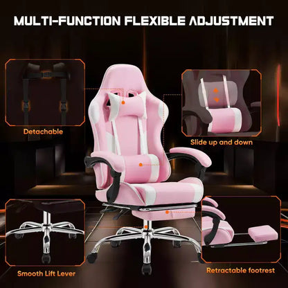 MAYEERTY Chaise de gaming Chaise de bureau ergonomique avec repose-pieds Soutien lombaire confortable en cuir PU Inclinable avec appuie-tête Accoudoir fixe