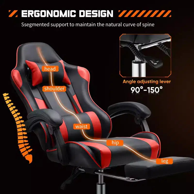 MAYEERTY Chaise de gaming Chaise de bureau ergonomique avec repose-pieds Soutien lombaire confortable en cuir PU Inclinable avec appuie-tête Accoudoir fixe