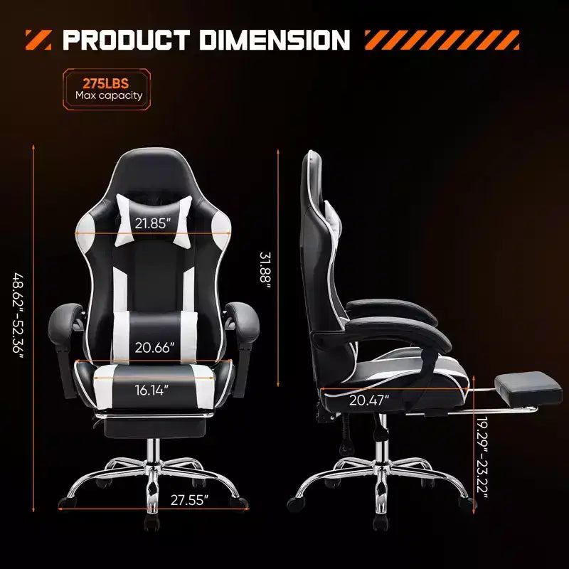 MAYEERTY Chaise de gaming Chaise de bureau ergonomique avec repose-pieds Soutien lombaire confortable en cuir PU Inclinable avec appuie-tête Accoudoir fixe