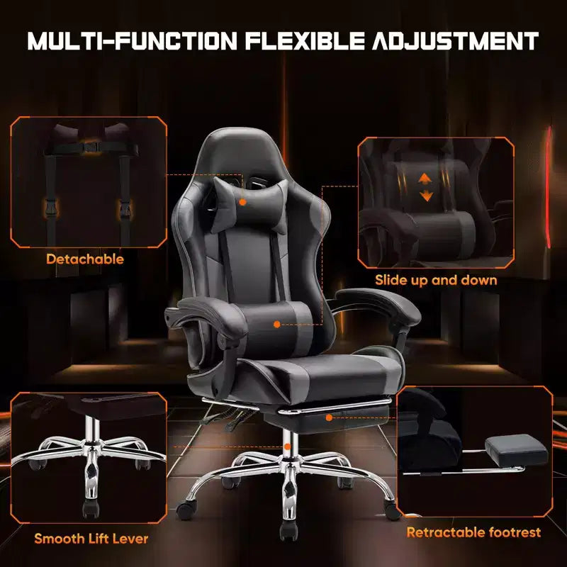 MAYEERTY Chaise de gaming Chaise de bureau ergonomique avec repose-pieds Soutien lombaire confortable en cuir PU Inclinable avec appuie-tête Accoudoir fixe