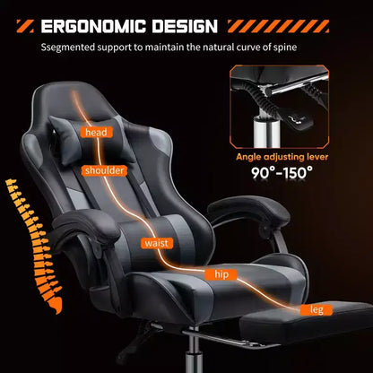 MAYEERTY Chaise de gaming Chaise de bureau ergonomique avec repose-pieds Soutien lombaire confortable en cuir PU Inclinable avec appuie-tête Accoudoir fixe