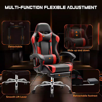 MAYEERTY Chaise de gaming Chaise de bureau ergonomique avec repose-pieds Soutien lombaire confortable en cuir PU Inclinable avec appuie-tête Accoudoir fixe