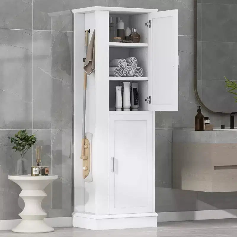 Tall Bathroom Storage Cabinet Freestanding Storage Cabinet with Hook and Adjustable Shelf MDF Board White