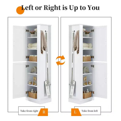 Tall Bathroom Storage Cabinet Freestanding Storage Cabinet with Hook and Adjustable Shelf MDF Board White