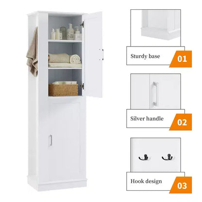 Tall Bathroom Storage Cabinet Freestanding Storage Cabinet with Hook and Adjustable Shelf MDF Board White