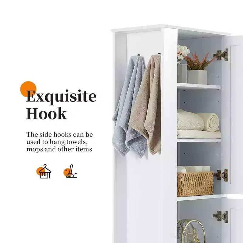 Tall Bathroom Storage Cabinet Freestanding Storage Cabinet with Hook and Adjustable Shelf MDF Board White