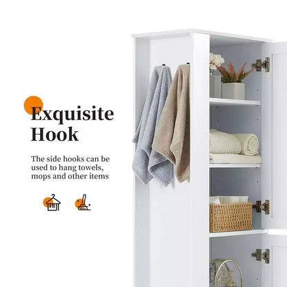 Tall Bathroom Storage Cabinet Freestanding Storage Cabinet with Hook and Adjustable Shelf MDF Board White