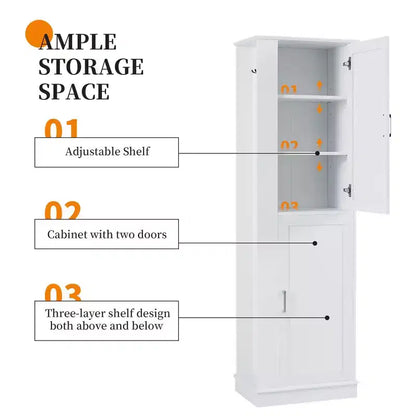 Tall Bathroom Storage Cabinet Freestanding Storage Cabinet with Hook and Adjustable Shelf MDF Board White