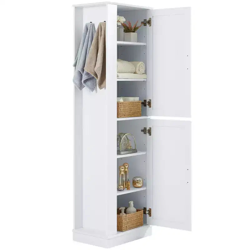 Tall Bathroom Storage Cabinet Freestanding Storage Cabinet with Hook and Adjustable Shelf MDF Board White