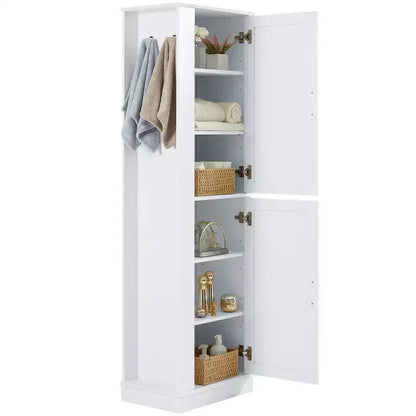 Tall Bathroom Storage Cabinet Freestanding Storage Cabinet with Hook and Adjustable Shelf MDF Board White