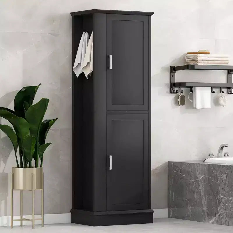 Tall Bathroom Storage Cabinet Freestanding Storage Cabinet with Hook and Adjustable Shelf MDF Board White