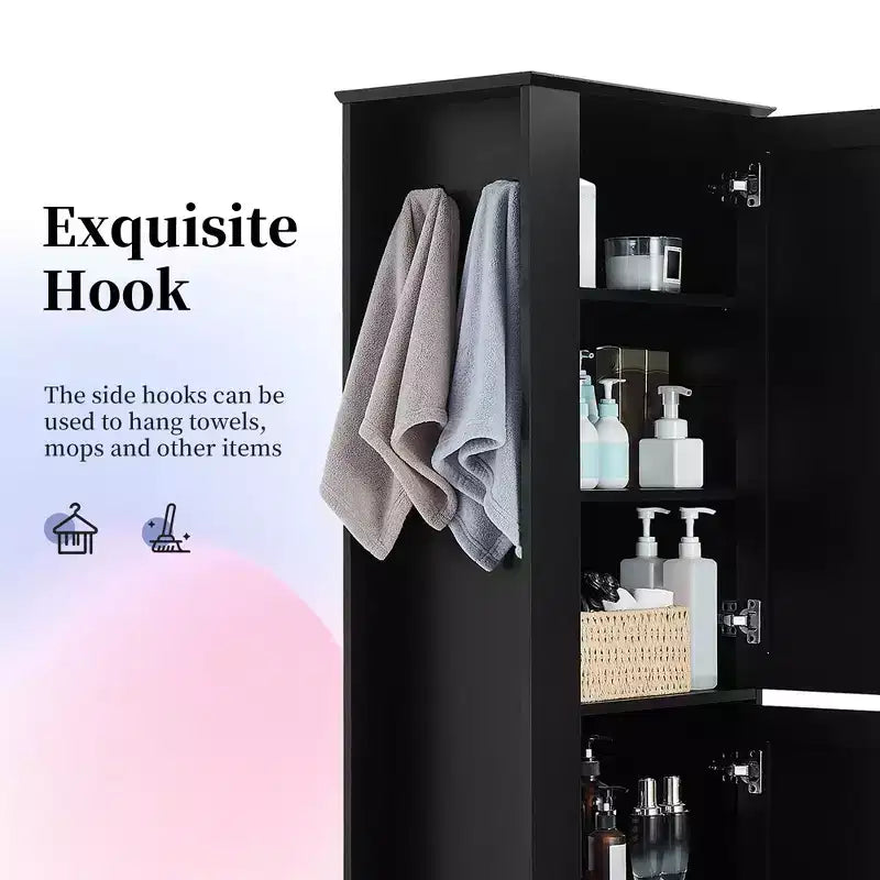 Tall Bathroom Storage Cabinet Freestanding Storage Cabinet with Hook and Adjustable Shelf MDF Board White