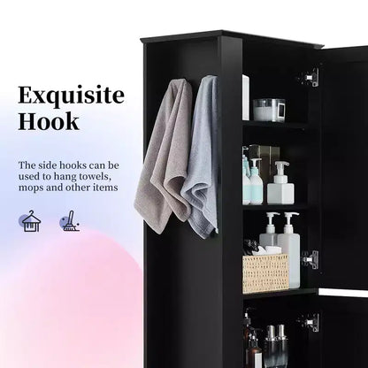Tall Bathroom Storage Cabinet Freestanding Storage Cabinet with Hook and Adjustable Shelf MDF Board White