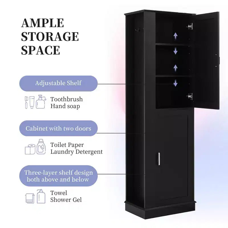 Tall Bathroom Storage Cabinet Freestanding Storage Cabinet with Hook and Adjustable Shelf MDF Board White