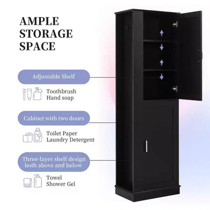 Tall Bathroom Storage Cabinet Freestanding Storage Cabinet with Hook and Adjustable Shelf MDF Board White