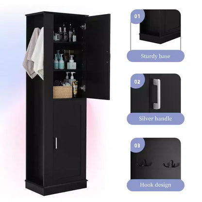 Tall Bathroom Storage Cabinet Freestanding Storage Cabinet with Hook and Adjustable Shelf MDF Board White