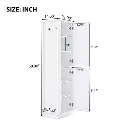 Tall Bathroom Storage Cabinet Freestanding Storage Cabinet with Hook and Adjustable Shelf MDF Board White