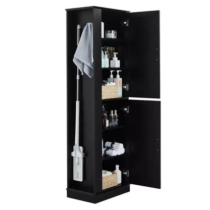 Tall Bathroom Storage Cabinet Freestanding Storage Cabinet with Hook and Adjustable Shelf MDF Board White