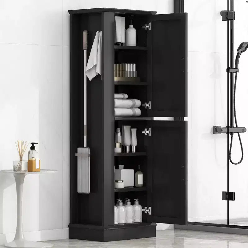 Tall Bathroom Storage Cabinet Freestanding Storage Cabinet with Hook and Adjustable Shelf MDF Board White