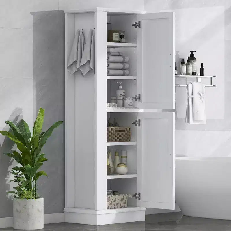 Tall Bathroom Storage Cabinet Freestanding Storage Cabinet with Hook and Adjustable Shelf MDF Board White
