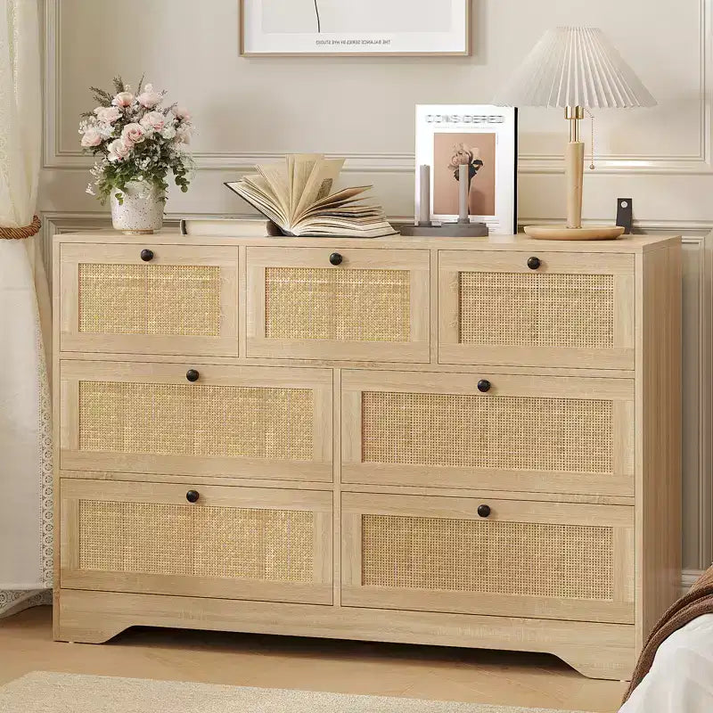 Rattan Dresser for Bedroom, Farmhouse Modern Dressers & Chests of Drawers, Wooden Storage Organizer for Closet, Living Room, Entryway, Hallway