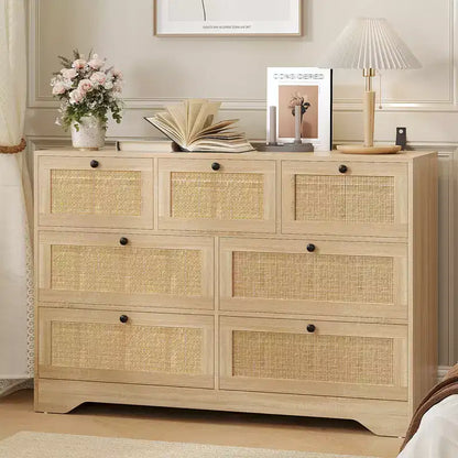 Rattan Dresser for Bedroom, Farmhouse Modern Dressers & Chests of Drawers, Wooden Storage Organizer for Closet, Living Room, Entryway, Hallway