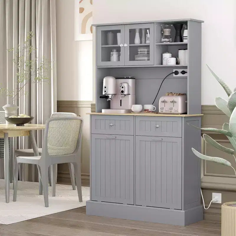 Kitchen Cabinet with Charging Station, 2 Tilt Out Cabinets, Microwave Stand, Freestanding Kitchen Pantry Cabinet