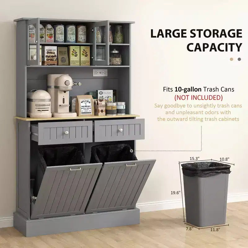 Kitchen Cabinet with Charging Station, 2 Tilt Out Cabinets, Microwave Stand, Freestanding Kitchen Pantry Cabinet