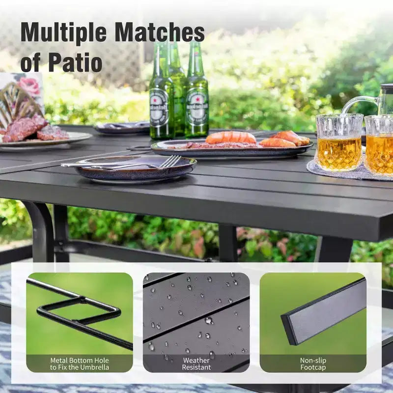 Captiva Designs 8pc Outdoor Slat-top Rectangular Steel Dining Table & Black Steel Chairs & Beige Umbrella
