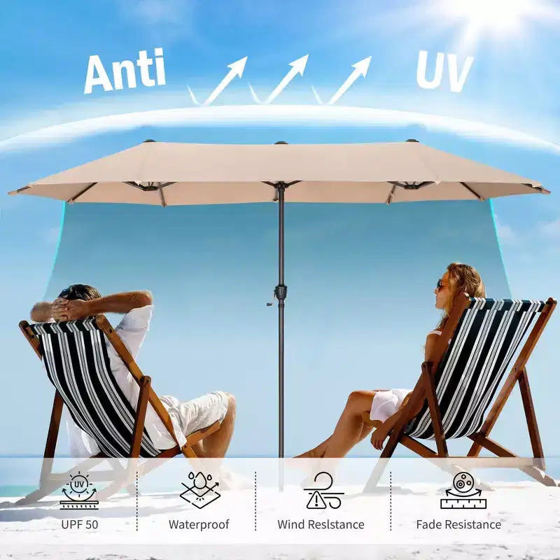 Captiva Designs 8pc Outdoor Slat-top Rectangular Steel Dining Table & Black Steel Chairs & Beige Umbrella
