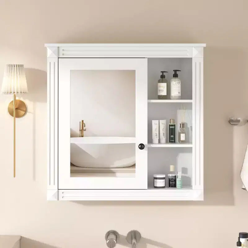 FAMYYT 30 in. W x 28 in. H Rectangular Surface Mount Medicine Cabinet with Mirror, Soft Closing Hinges, Open Storage