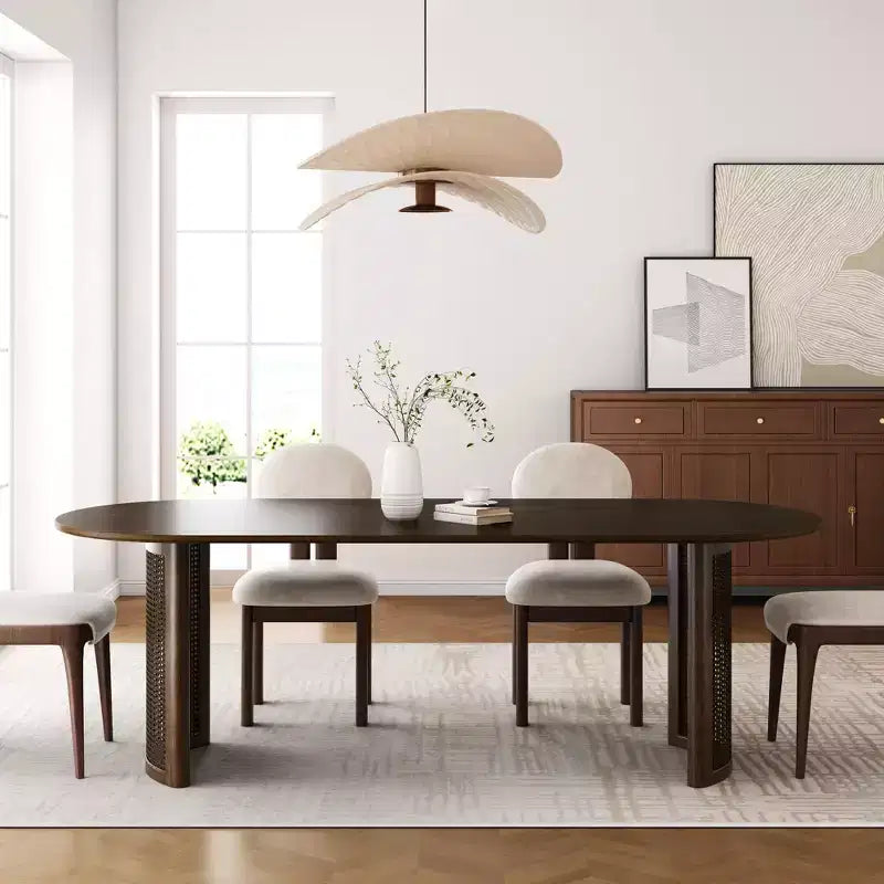 PexFix 67 Oval Dining Table for 4-6 with Arc-Shaped Edge Top and Rattan Woven Base Modern Farmhouse Kitchen Table for Living Room Dining Room Walnut