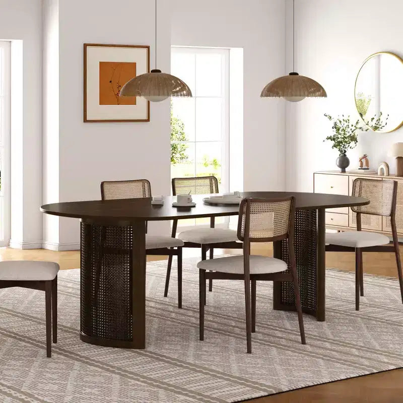 PexFix 67 Oval Dining Table for 4-6 with Arc-Shaped Edge Top and Rattan Woven Base Modern Farmhouse Kitchen Table for Living Room Dining Room Walnut