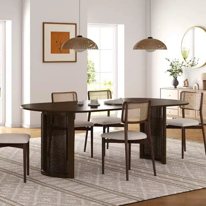 PexFix 67 Oval Dining Table for 4-6 with Arc-Shaped Edge Top and Rattan Woven Base Modern Farmhouse Kitchen Table for Living Room Dining Room Walnut
