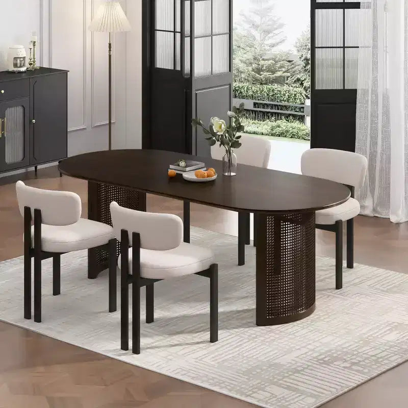 PexFix 67 Oval Dining Table for 4-6 with Arc-Shaped Edge Top and Rattan Woven Base Modern Farmhouse Kitchen Table for Living Room Dining Room Walnut