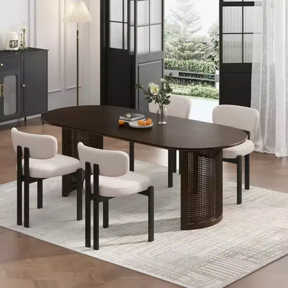PexFix 67 Oval Dining Table for 4-6 with Arc-Shaped Edge Top and Rattan Woven Base Modern Farmhouse Kitchen Table for Living Room Dining Room Walnut