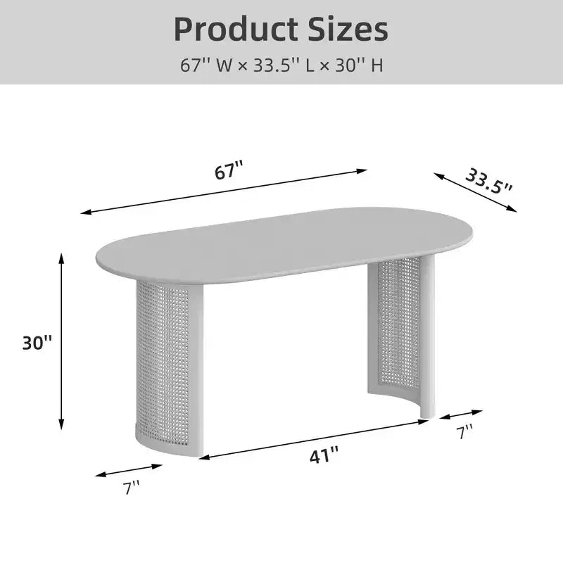 PexFix 67 Oval Dining Table for 4-6 with Arc-Shaped Edge Top and Rattan Woven Base Modern Farmhouse Kitchen Table for Living Room Dining Room Walnut