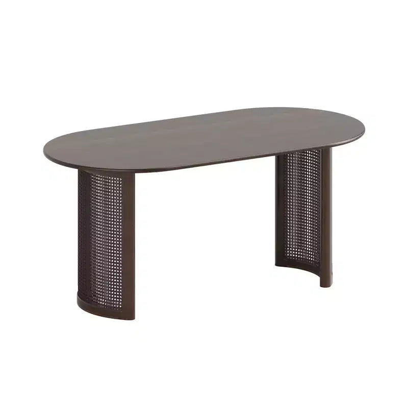 PexFix 67 Oval Dining Table for 4-6 with Arc-Shaped Edge Top and Rattan Woven Base Modern Farmhouse Kitchen Table for Living Room Dining Room Walnut