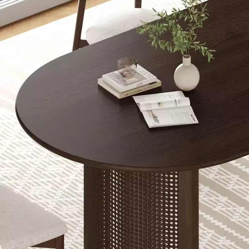 PexFix 67 Oval Dining Table for 4-6 with Arc-Shaped Edge Top and Rattan Woven Base Modern Farmhouse Kitchen Table for Living Room Dining Room Walnut