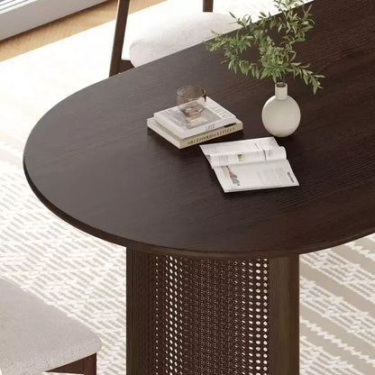 PexFix 67 Oval Dining Table for 4-6 with Arc-Shaped Edge Top and Rattan Woven Base Modern Farmhouse Kitchen Table for Living Room Dining Room Walnut