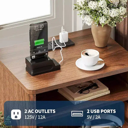 Modern Wave Fluted Nightstand with Charging Station, 2-Drawer End Table with Open Shelf, Bedside Table for Bedroom or Living Room, Stylish Storage
