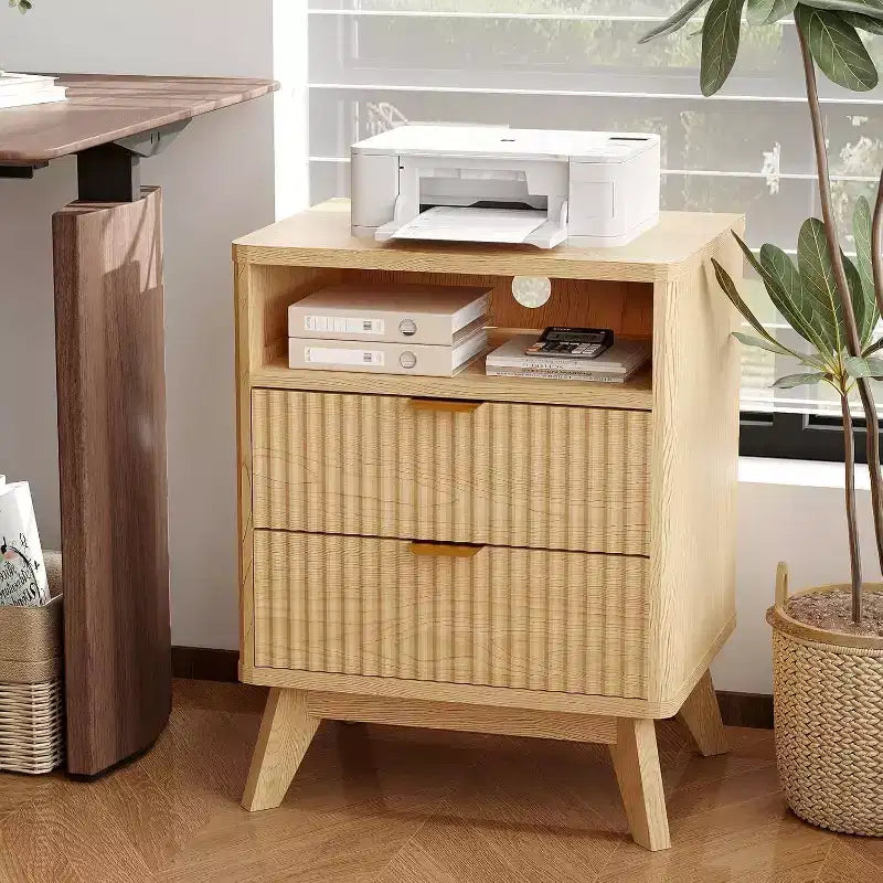 Modern Wave Fluted Nightstand with Charging Station, 2-Drawer End Table with Open Shelf, Bedside Table for Bedroom or Living Room, Stylish Storage