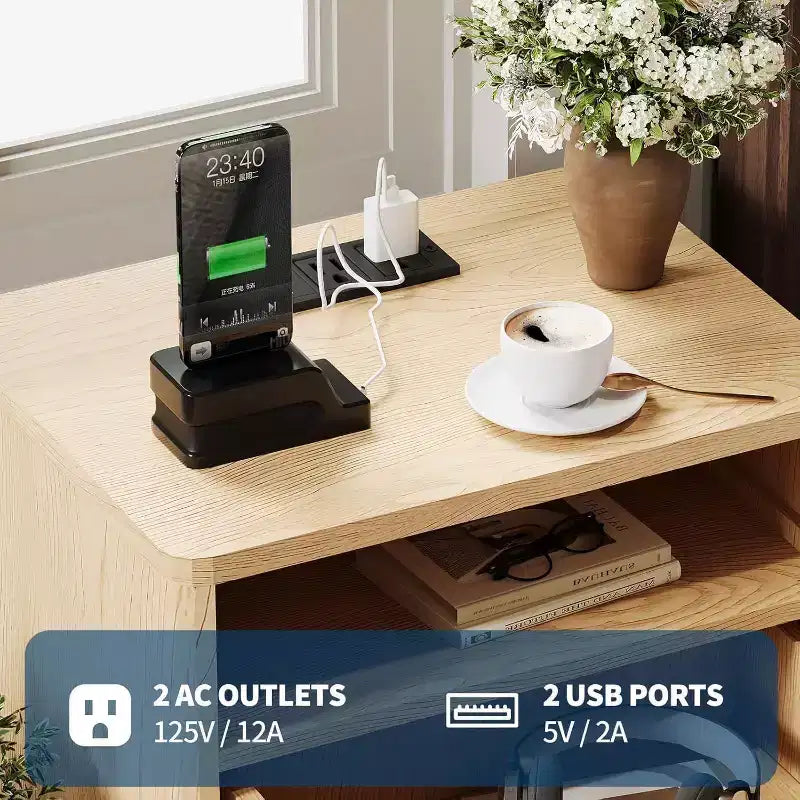 Modern Wave Fluted Nightstand with Charging Station, 2-Drawer End Table with Open Shelf, Bedside Table for Bedroom or Living Room, Stylish Storage