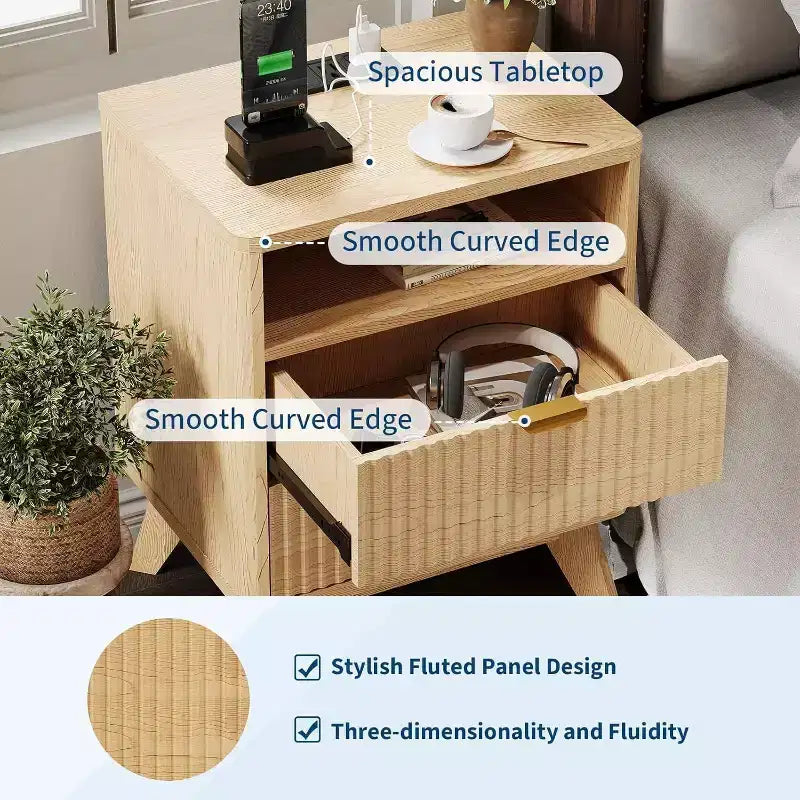 Modern Wave Fluted Nightstand with Charging Station, 2-Drawer End Table with Open Shelf, Bedside Table for Bedroom or Living Room, Stylish Storage