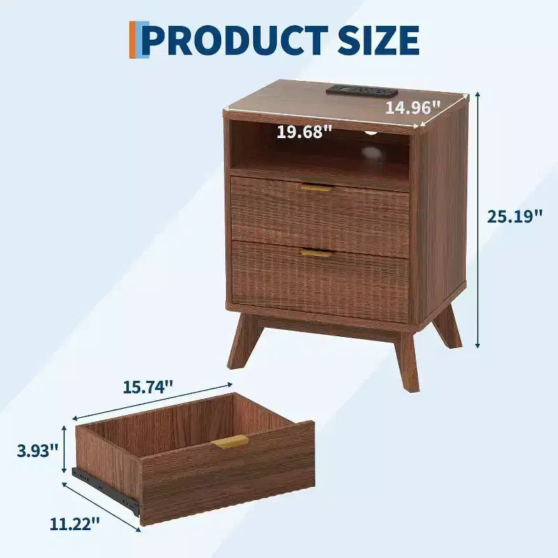 Modern Wave Fluted Nightstand with Charging Station, 2-Drawer End Table with Open Shelf, Bedside Table for Bedroom or Living Room, Stylish Storage