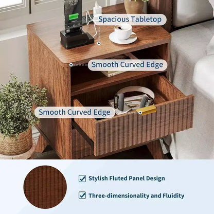 Modern Wave Fluted Nightstand with Charging Station, 2-Drawer End Table with Open Shelf, Bedside Table for Bedroom or Living Room, Stylish Storage