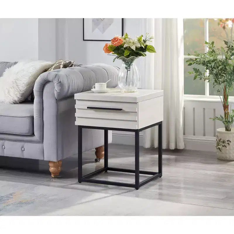 Table d'appoint rustique Okak avec tiroir de rangement et pieds en métal, table de chevet avec plateau épais, table d'appoint pour canapé, salon, chambre à coucher