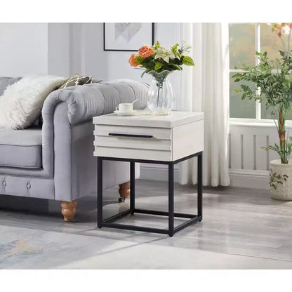 Table d'appoint rustique Okak avec tiroir de rangement et pieds en métal, table de chevet avec plateau épais, table d'appoint pour canapé, salon, chambre à coucher